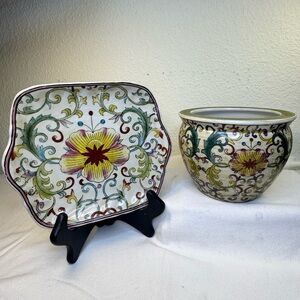 Oriental Accent since 1890 Floral Multicolored Painted Vase and plate set
